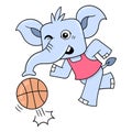 Elephant running dribbling basketball exercising, doodle icon image kawaii