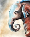 Elephant`s profile on grunge background. Watercolor sketch of wildlife in grey, blue and brown tones. Hand drawn illustration of