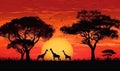 elephant safari nature silhouette sunset giraffe wildlife wild animal africa. Generative AI. Royalty Free Stock Photo