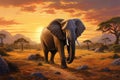 Elephant in savannah at sunset, 3D render of African animal, A majestic elephant ambling through an African savannah at sunset, AI
