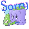 Elephant says sorry, Cute postcard. Cartoon. Flower1