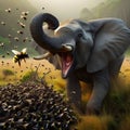 Elephant scared alarmed by bee in African grassy forest illustration Royalty Free Stock Photo