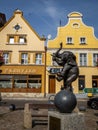 Elephant sculpture in historical city center market square in Trzebiatow, Poland.