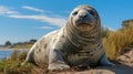 Elephant seal laying on the wet sand on a sunny day