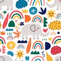 Elephant seamless pattern with abstract shapes, rainbows and floral elements. Hand drawn Scandinavian style vector illustrattion Royalty Free Stock Photo