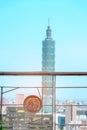 elephant shaped fence with Taipei city from Elephant Mountain or Xiangshan, landmark and popular attractions. Taiwan Travel,