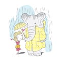 Elephant sharing an umbrella with a girl. Vector illustration decorative background design