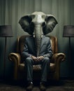 Elephant sitting in a leather chair in a dark  room, AI generated illustration Royalty Free Stock Photo