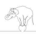 Elephant standing on a ball, continuous one line drawing, circus trick. Black and white vector illustration