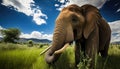 An elephant grazing the camera surround by green grass in Africa, generative AI