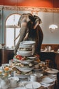 An elephant standing on top of a pile of plates. Generative AI image.