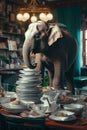 An elephant standing on top of a pile of plates. Generative AI image.