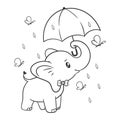 Elephant standing under an umbrella in rainy weather for coloring