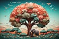 an elephant stands in front of a tree with birds flying around it