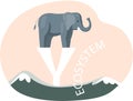 Elephant stands on letter y on abstract background. Save green ecosystem of planet concept