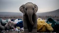 An elephant stands among the piles of plastic waste looking for food and shelter, Concept of saving the world. Generative AI