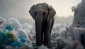 An elephant stands among the piles of plastic waste looking for food and shelter, Concept of saving the world. Generative AI