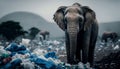 An elephant stands among the piles of plastic waste looking for food and shelter, Concept of saving the world. Generative AI