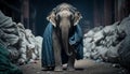 An elephant stands among the piles of plastic waste looking for food and shelter, Concept of saving the world. Generative AI