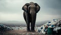 An elephant stands among the piles of plastic waste looking for food and shelter, Concept of saving the world. Generative AI