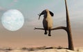 Elephant stands on thin branch of withered tree in the surreal landscape. 3d render illustration