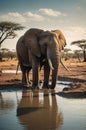 Majestic Elephant Reflection at Watering Hole in the African Savanna with Beautiful Sunset Royalty Free Stock Photo