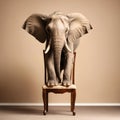 Elephant on a stool in a studio setting, with brown background