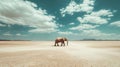 An elephant strides across a parched desert landscape under a clear sky. Royalty Free Stock Photo