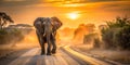 Elephant strolling down a road with the sun setting Royalty Free Stock Photo