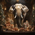 Elephant Surrounded by Christmas Gifts and Christmas Tree Royalty Free Stock Photo