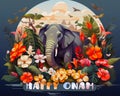 An elephant is surrounded by tropical plants and flowers. Happy Onam greeting.