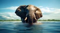 An elephant swimming in a watering, completely plunged into cool water