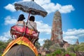 The Elephant for tourist service at Ayutthaya Archeology, Tourists riding elephant in ancient history architecture in Ayutthaya