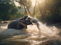 Elephant traversing deep river. Tropical background.