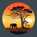 an elephant and trees are silhouetted against the sunset