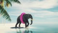 Elephant wearing a swim belt going to the ocean on tropical beach