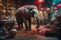 An elephant visits a china shop. Broken crockery lying on the floor in the picturesque interior of the crockery store