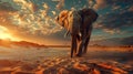 Elephant walking in the desert at sunset Royalty Free Stock Photo