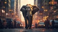 An elephant walking down a city street at dusk, AI