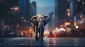 An elephant is walking down the street at night, AI