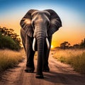 Elephant Walking in a Safari Landscape at Sunset