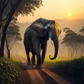 Elephant walking in the tea estate at sunrise