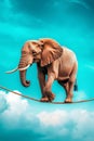 An elephant walking on a tightrope in the sky Royalty Free Stock Photo