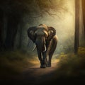 An elephant walks along a forest path. Generative AI