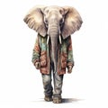 Vintage Watercolored Elephant Wearing Jacket And Belt