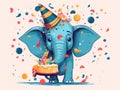 An elephant wearing a party hat and holding a cake. Generative AI image.