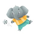 Elephant wild African animal playing soccer. Cute football mascot in sports uniform cartoon vector illustration Royalty Free Stock Photo