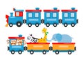 Elephant, zebra, giraffe and monkeys, jungle animals, travel on a fun train in colorful carriages