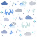 Baby shower seamless pattern with Cute elephant, clouds, butterfly, flowers, mushrooms. Royalty Free Stock Photo