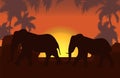 Elephants in African savanna at sunset vector illustration. Doum palms, acacia. Silhouettes of animals and plants Royalty Free Stock Photo